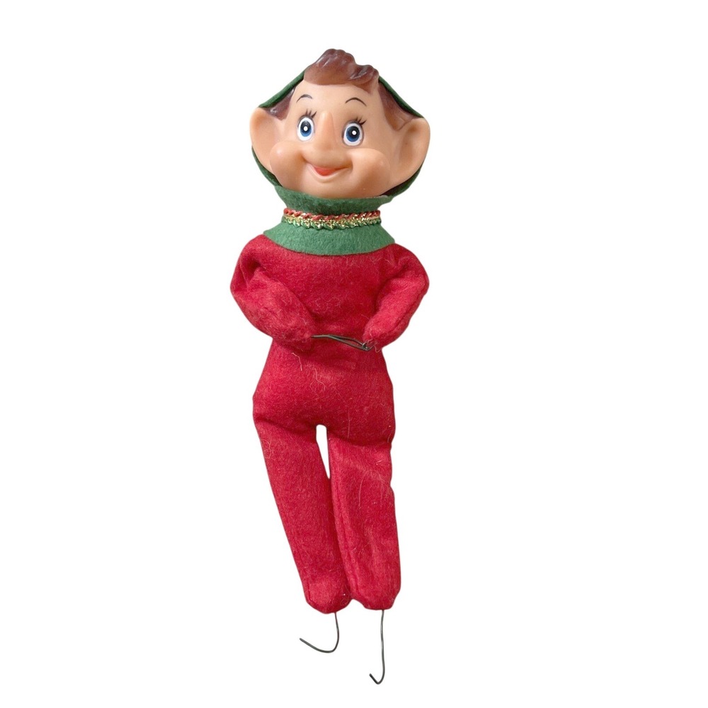 Vtg Elf Knee Hugger Christmas Figurine Shelf Sitter 9" Hanger Green Red Smile